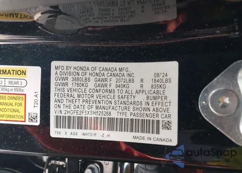 2025 Honda Civic Sport from USA, damaged, VIN 2HGFE2F5XSH525268